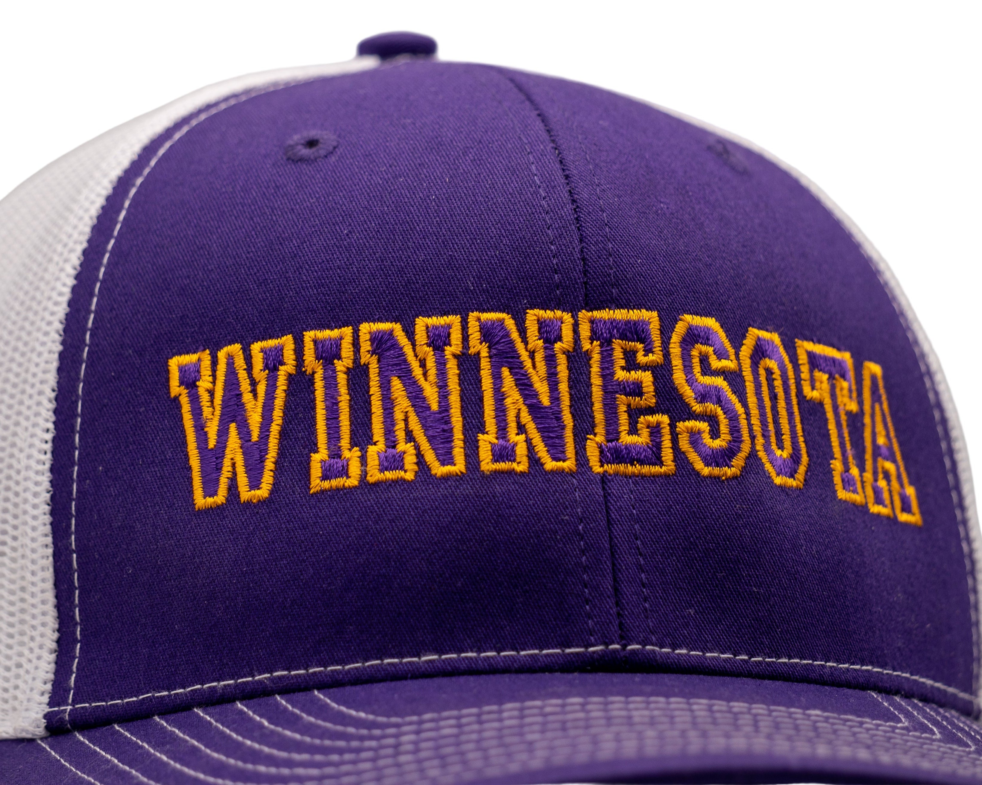 Purple and white cap with 'WINNESOTA' in yellow text on a light gray background
