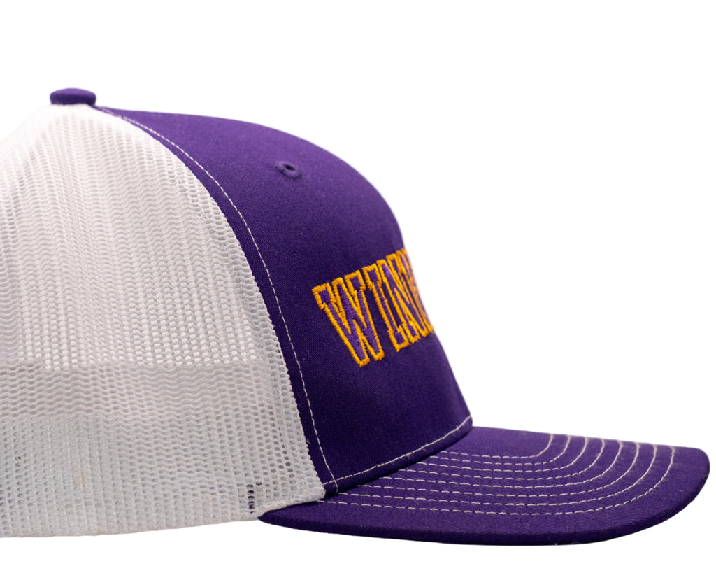 Purple and white cap with yellow text on a white background