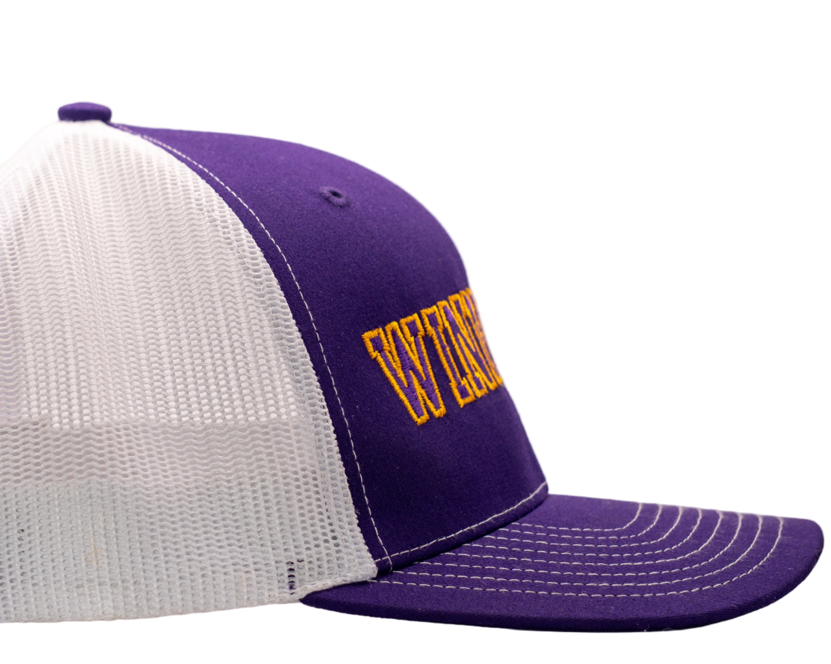 Purple and white cap with yellow text on a white background